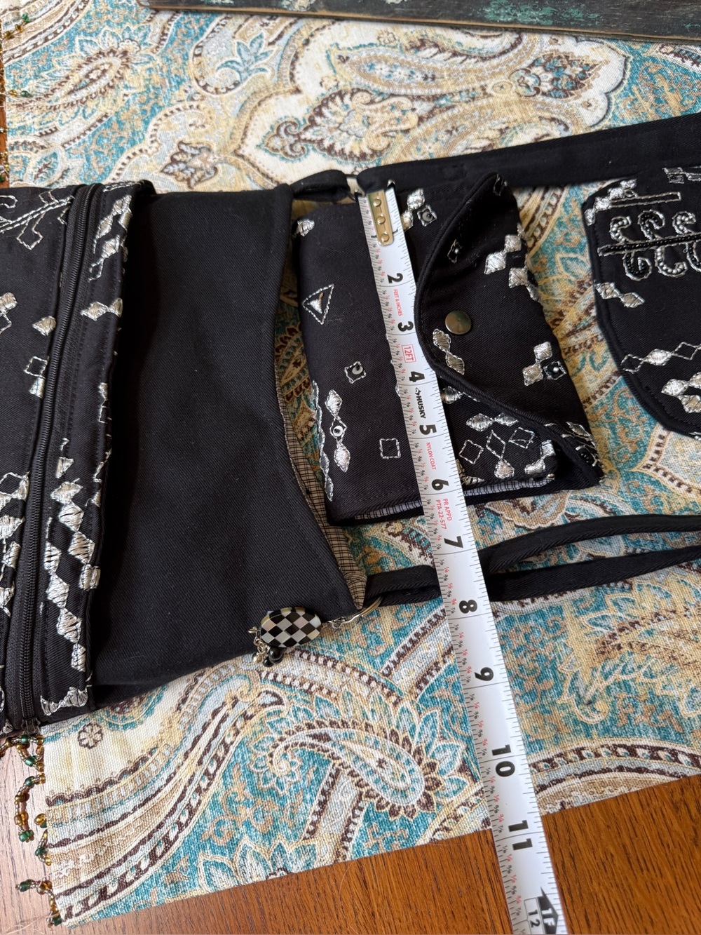 Crossbody Bag Wallet & Makeup Bag 3 Pc Set Handmade Black Silver Embroidered - Picture 10 of 12